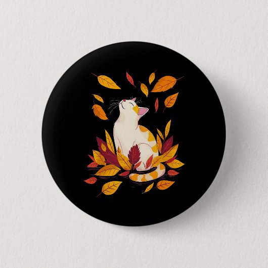 Cat Fall Leaf Tree Hallo Herbst Erntedank Button (Vorderseite)