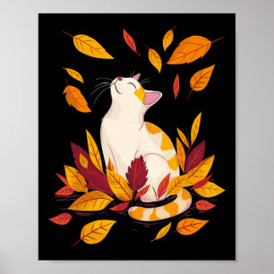 Cat Fall Leaf Tree Hallo Herbst Erntedank Poster