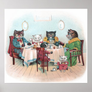 Cat Family setzt sich zum Frühstück ein Poster