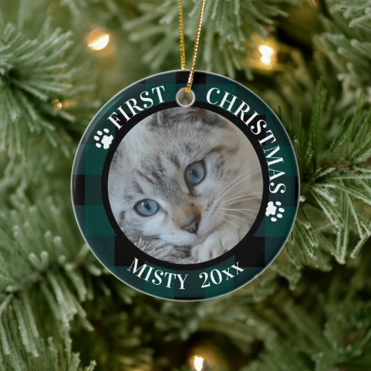 Cat First Christmas 2-Foto Aquamarin und schwarz K Keramik Ornament (Baum)