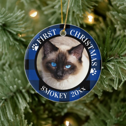 Cat First Christmas 2-Foto Blau und Schwarz Karier Keramikornament (Baum)