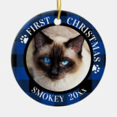 Cat First Christmas 2-Foto Blau und Schwarz Karier Keramikornament (Vorne)