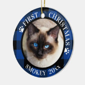 Cat First Christmas 2-Foto Blau und Schwarz Karier Keramikornament (Links)