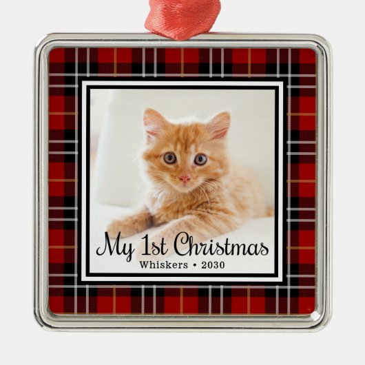 Cat First Christmas Foto Ornament Aus Metall (Vorne)