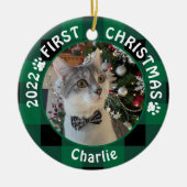Cat FIRST CHRISTMAS Green Buffalo Kariert 2 Foto Keramik Ornament (Vorne)