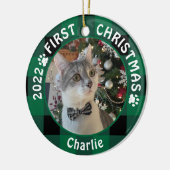 Cat FIRST CHRISTMAS Green Buffalo Kariert 2 Foto Keramik Ornament (Links)
