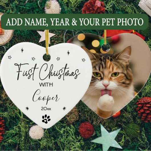 Cat First Christmas Individuelle Name & Foto Keramik Ornament