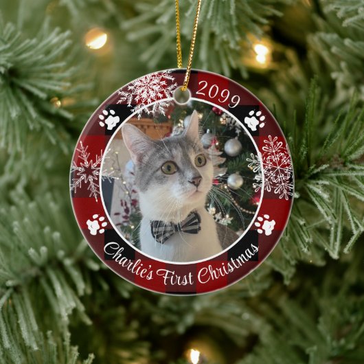 Cat First Christmas Red Black Kariertes Foto Keramik Ornament (Baum)
