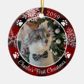 Cat First Christmas Red Black Kariertes Foto Keramik Ornament (Vorne)