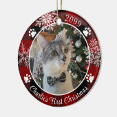 Cat First Christmas Red Black Kariertes Foto Keramik Ornament (Links)