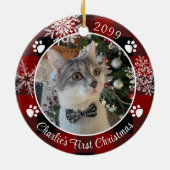 Cat First Christmas Red Black Kariertes Foto Keramik Ornament (Hinten)