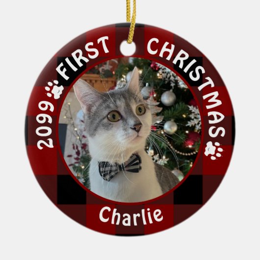 Cat FIRST CHRISTMAS Red Buffalo Kariert 2 Foto Keramik Ornament (Vorne)
