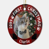 Cat FIRST CHRISTMAS Red Buffalo Kariert 2 Foto Keramik Ornament (Links)