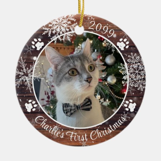 Cat First Christmas Rustic Wood Snowflake Foto Keramik Ornament (Vorne)