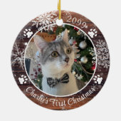Cat First Christmas Rustic Wood Snowflake Foto Keramik Ornament (Hinten)