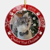 Cat First Christmas Snowflake Foto Red White Keramik Ornament (Vorne)