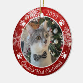 Cat First Christmas Snowflake Foto Red White Keramik Ornament (Links)