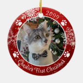 Cat First Christmas Snowflake Foto Red White Keramik Ornament (Hinten)