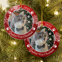 Cat First Christmas Snowflake Foto Red White