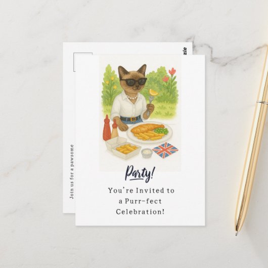 Cat Fish and Chips Party für Londoner Englisch Postkarte (Vorderseite/Rückseite Beispiel)