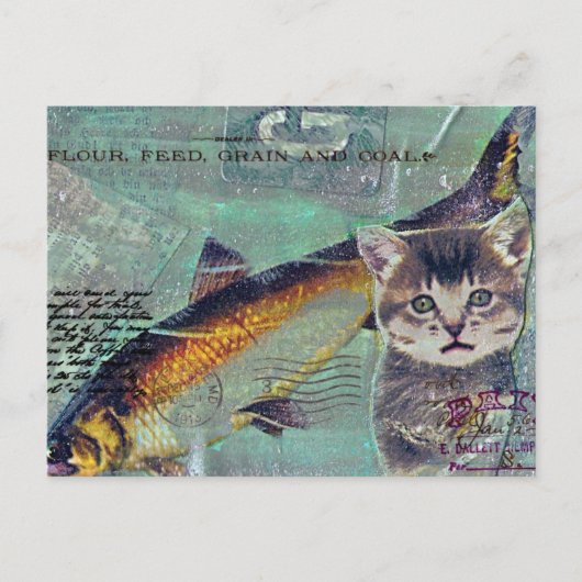 Cat Fish Mixed Media Collage Postkarte (Vorderseite)