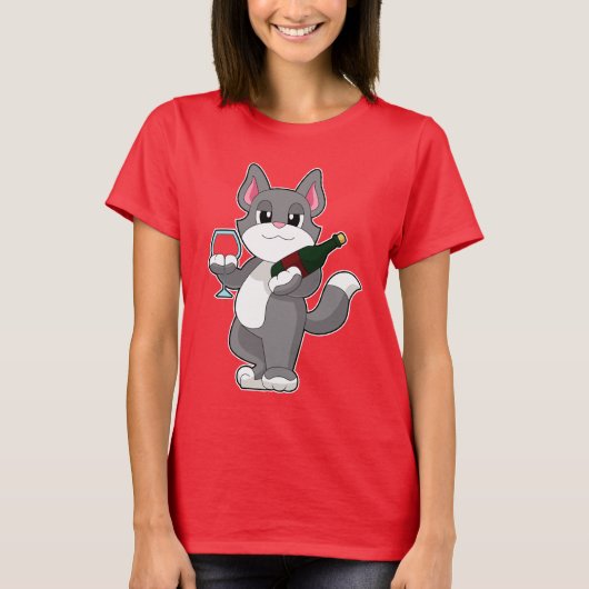Cat Flasche Rotwein T-Shirt (Vorderseite)