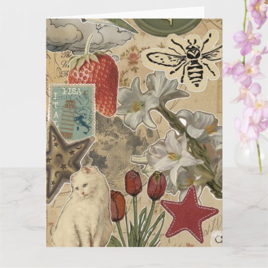 Cat Floral Collage Pattern – Cute Artistic Design Karte (Orchidee)