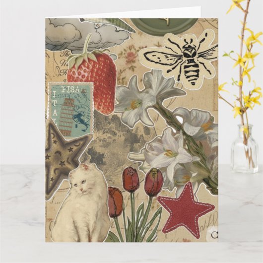Cat Floral Collage Pattern – Cute Artistic Design Karte (Gelbe Blume)