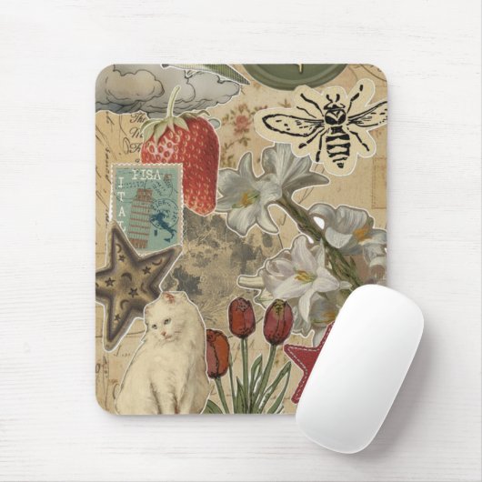 Cat Floral Collage Pattern – Cute Artistic Design Mousepad (Mit Mouse)