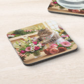 Cat Florist mit Blume Getränkeuntersetzer (Linke Seite)