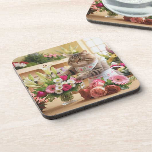 Cat Florist mit Blume Getränkeuntersetzer (Linke Seite)