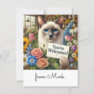 Cat Florist mit Karte Sie werden mit Blume begrüßt