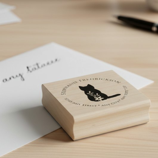Cat & Flower Return Address Rubber Stamp Gummistempel