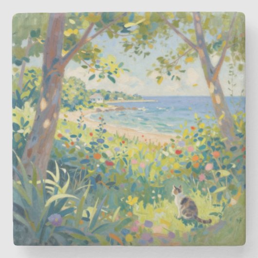 Cat Flowers And Sea Steinuntersetzer (Vorderseite)