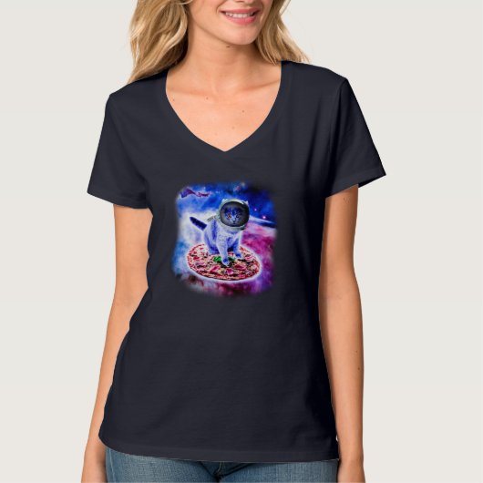 Cat Flying A Pizza Astronaut Funny Kitten Space T-Shirt (Vorderseite)