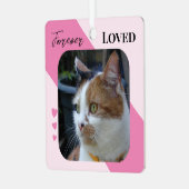 Cat Foto Beileid Keepake Pet Memorial Pink Ornament Aus Metall (Vorderseite links)
