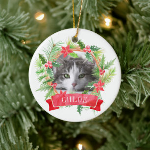 Cat Foto Holly Wreath Keramik Ornament