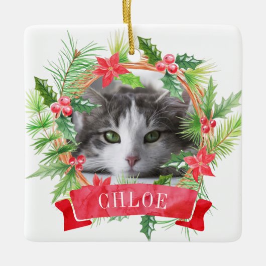 Cat Foto Holly Wreath Keramikornament (Vorderseite)