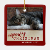 Cat Foto Meowy Weihnachten Rustikal Rot Keramikornament (Rückseite)