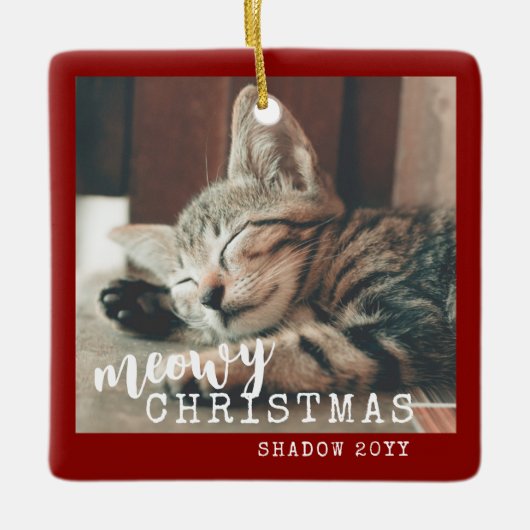Cat Foto Meowy Weihnachten Rustikal Rot Keramikornament (Vorderseite)