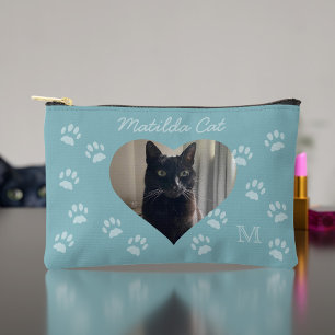 Cat Foto Name Monogram Aquamarin Paw Print Zubehörtasche