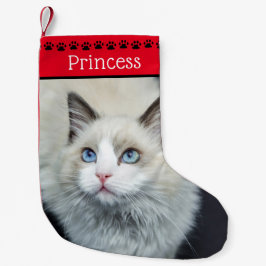 Cat Foto & Name | Red Black Paw Prints Kleiner Weihnachtsstrumpf