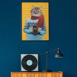 Cat Fotograf in Vintag Sweater Quirky Poster