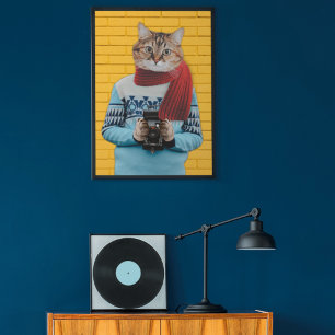 Cat Fotograf in Vintag Sweater Quirky Poster
