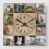 Cat Fotos Collage Imitats Perchager Hintergrund Quadratische Wanduhr (Vorderseite)