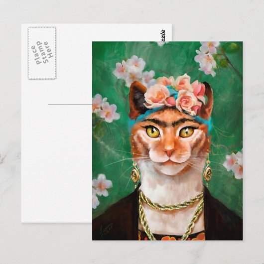 Cat Frida mit Blume Postkarte (Vorne/Hinten)