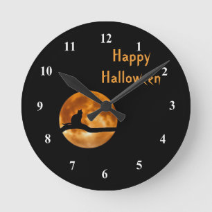 Cat Full Moon Silhouette Grafisches Halloween Runde Wanduhr