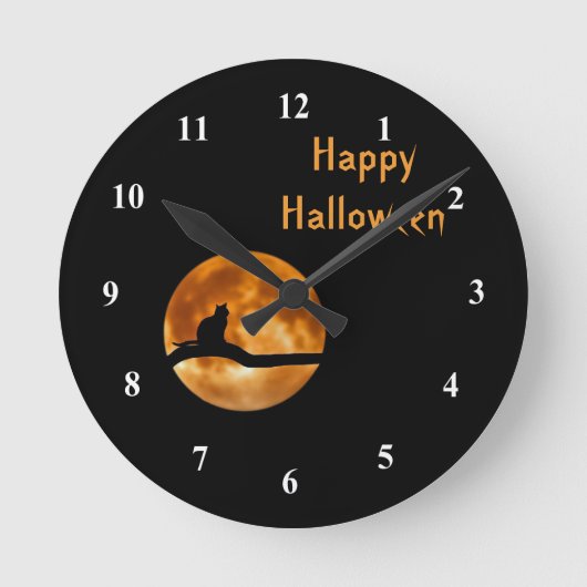 Cat Full Moon Silhouette Grafisches Halloween Runde Wanduhr (Vorderseite)