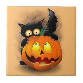 Cat Fun Halloween Character biting a Pumpkin Fliese (Vorderseite)