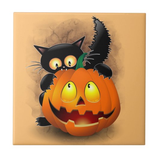 Cat Fun Halloween Character biting a Pumpkin  Fliese (Vorderseite)